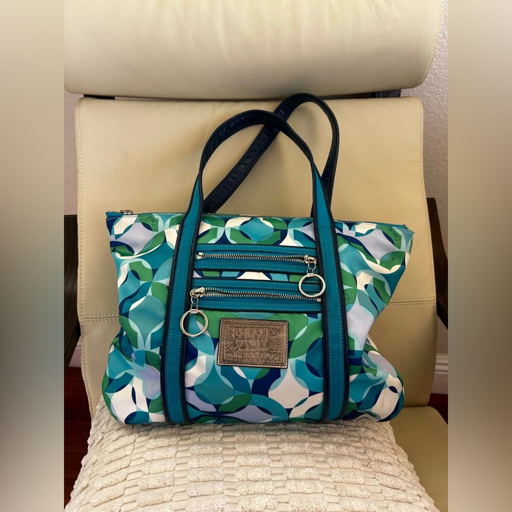 Coach Blue and Green Geometric Tote